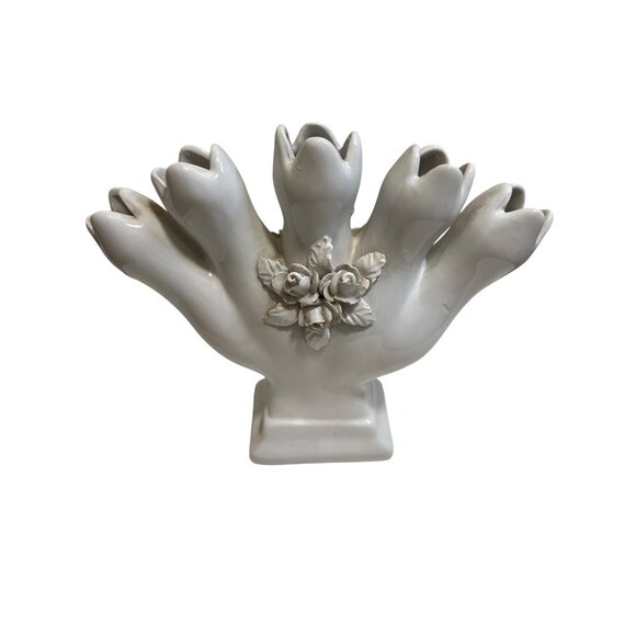 Vintage ELPA Portugal Alcobaça White Ceramic Multi-Tulip Vase With Rose Accents - Picture 6 of 6